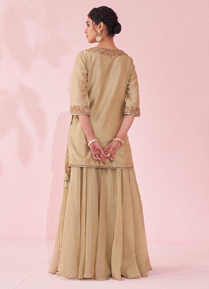 Muted Green Embroidered Chanderi Kurta Sharara Set Studio Bagechaa - Fabilicious Fashion