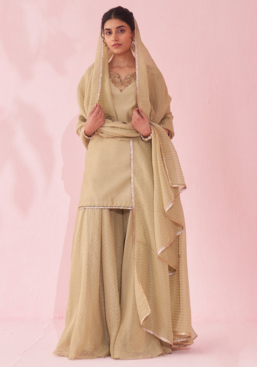 Muted Green Embroidered Chanderi Kurta Sharara Set Studio Bagechaa - Fabilicious Fashion