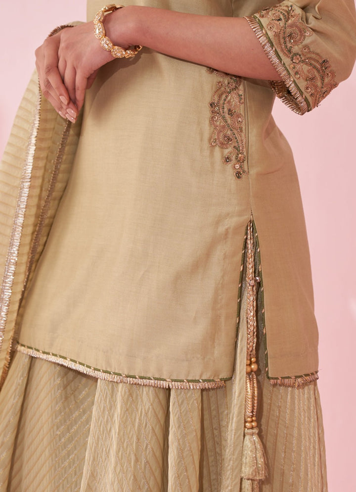 Muted Green Embroidered Chanderi Kurta Sharara Set Studio Bagechaa - Fabilicious Fashion