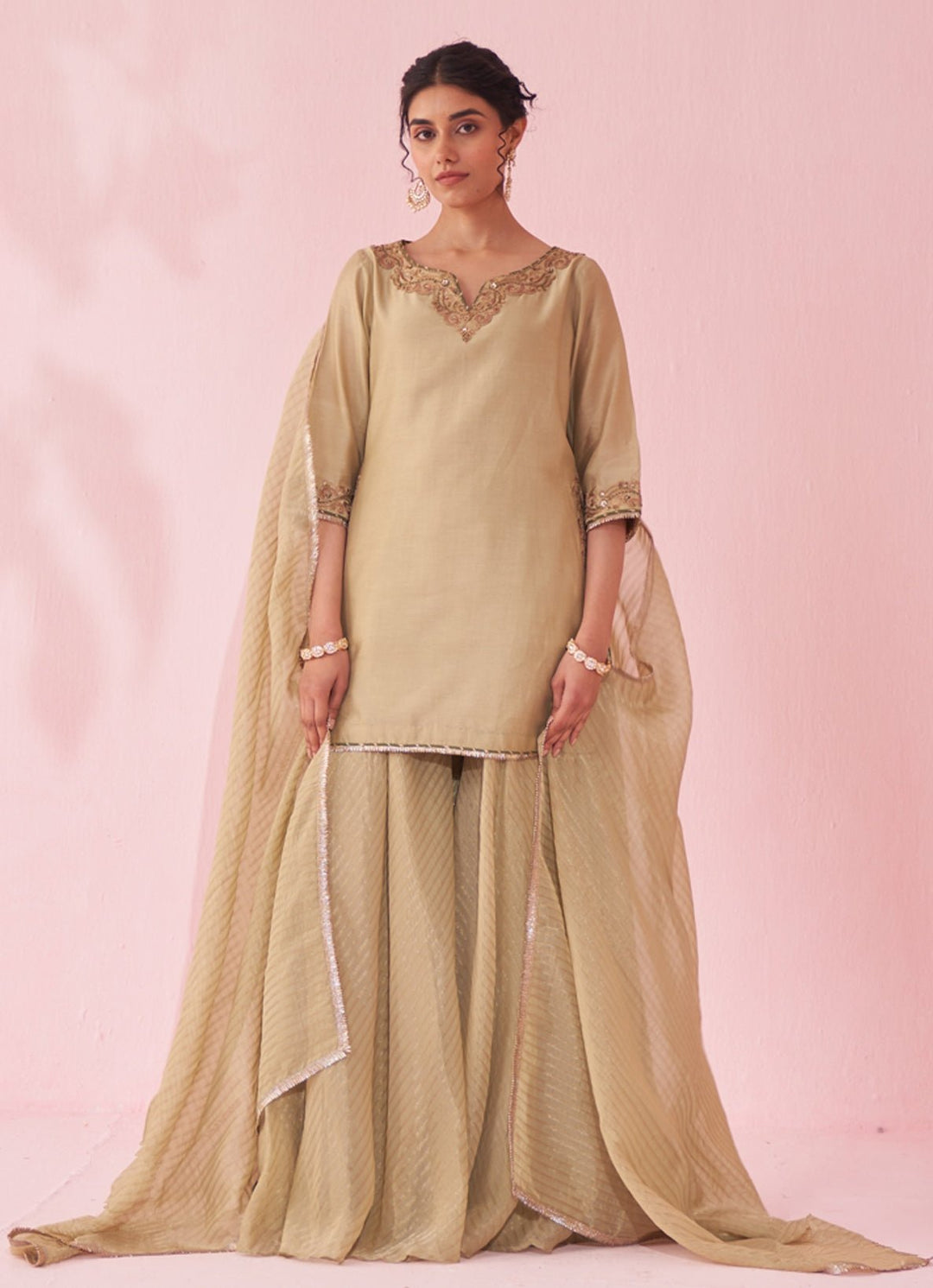 Muted Green Embroidered Chanderi Kurta Sharara Set Studio Bagechaa - Fabilicious Fashion