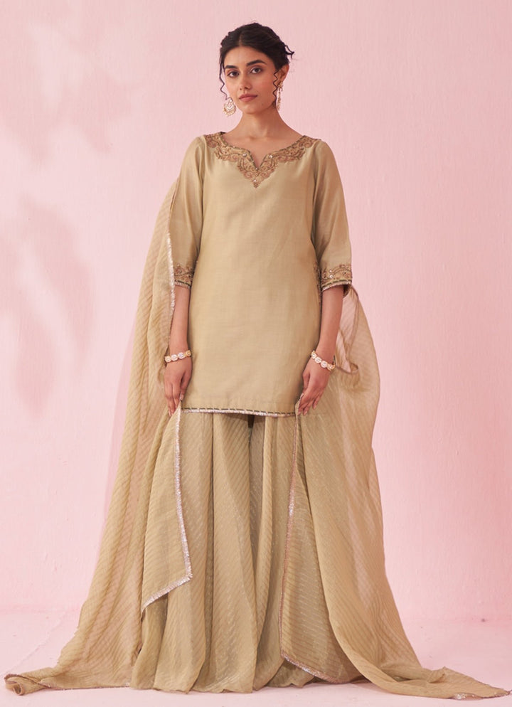 Muted Green Embroidered Chanderi Kurta Sharara Set Studio Bagechaa - Fabilicious Fashion