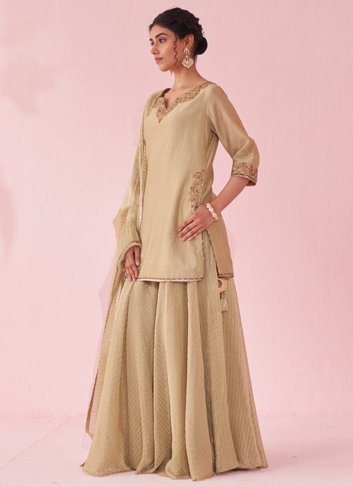 Muted Green Embroidered Chanderi Kurta Sharara Set Studio Bagechaa - Fabilicious Fashion