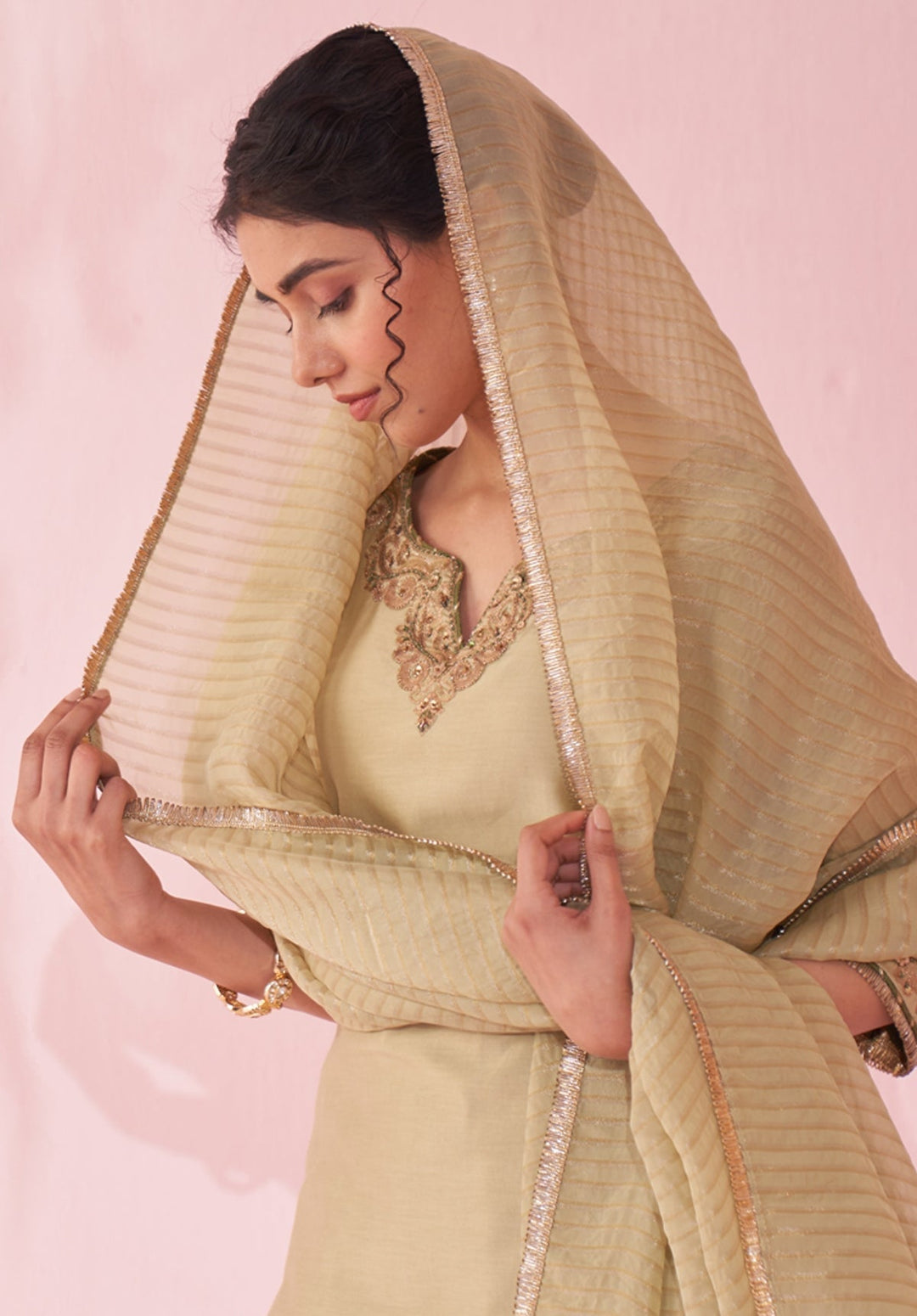 Muted Green Embroidered Chanderi Kurta Sharara Set Studio Bagechaa - Fabilicious Fashion
