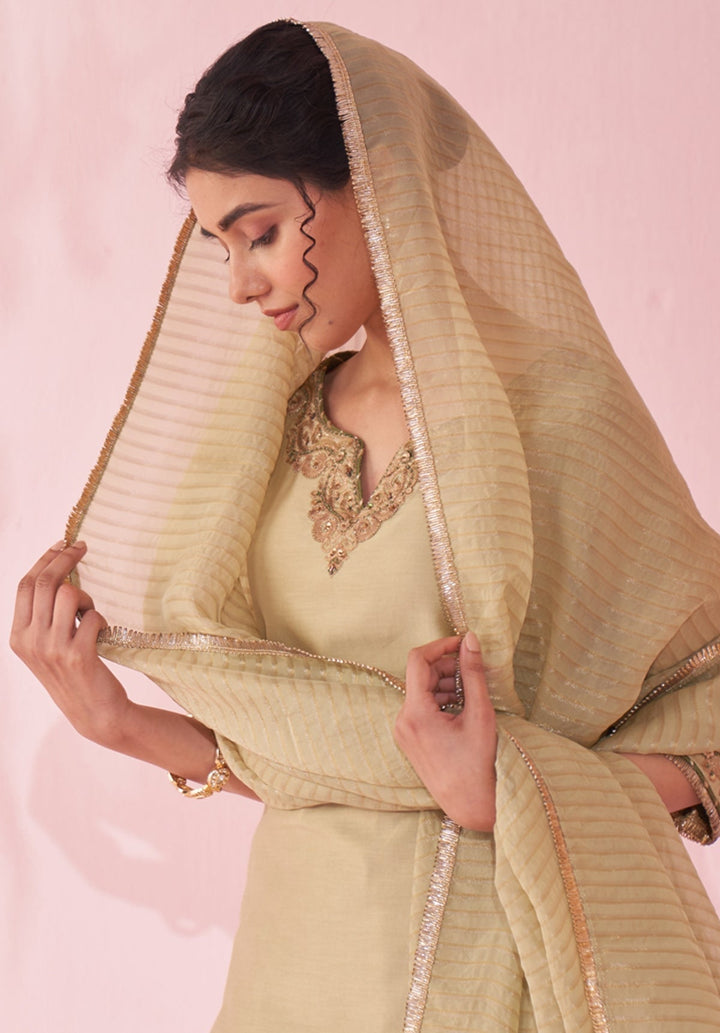 Muted Green Embroidered Chanderi Kurta Sharara Set Studio Bagechaa - Fabilicious Fashion