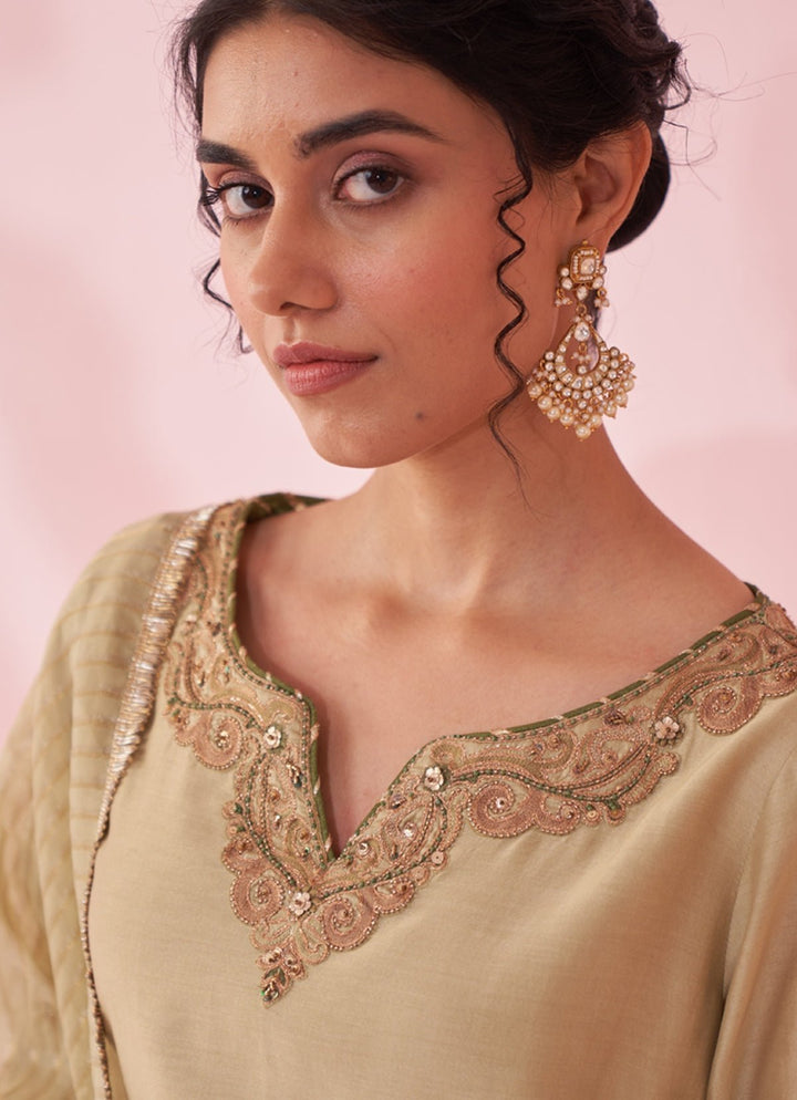 Muted Green Embroidered Chanderi Kurta Sharara Set Studio Bagechaa - Fabilicious Fashion