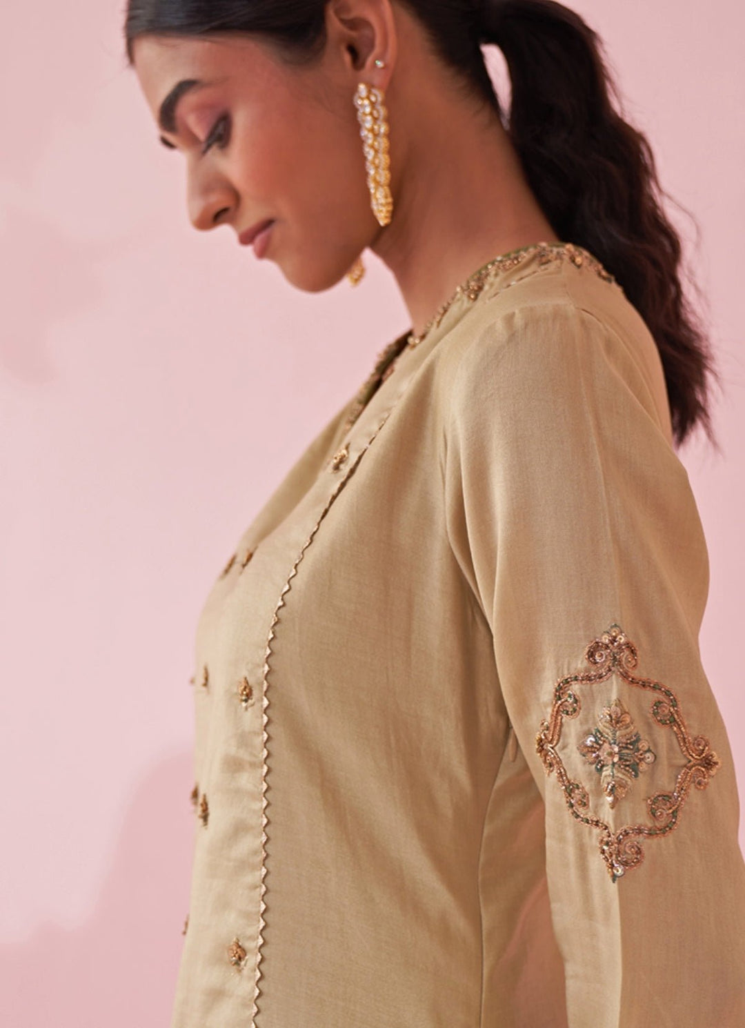 Muted Green Embroidered Chanderi Kurta Tulip Pants Set Studio Bagechaa - Fabilicious Fashion