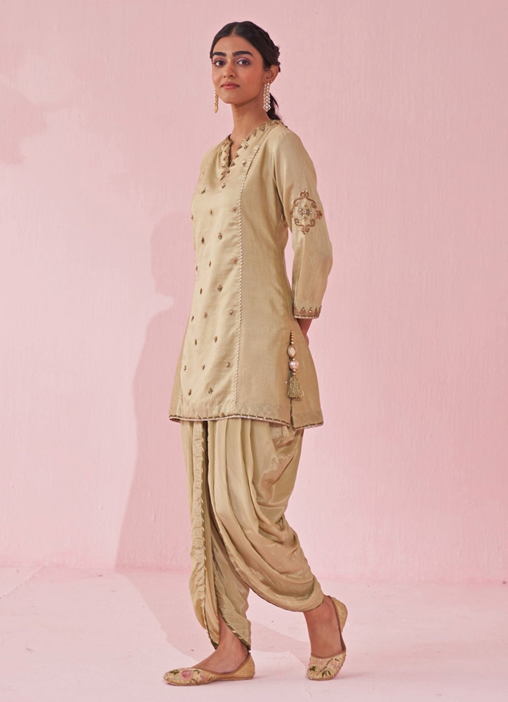 Muted Green Embroidered Chanderi Kurta Tulip Pants Set Studio Bagechaa - Fabilicious Fashion
