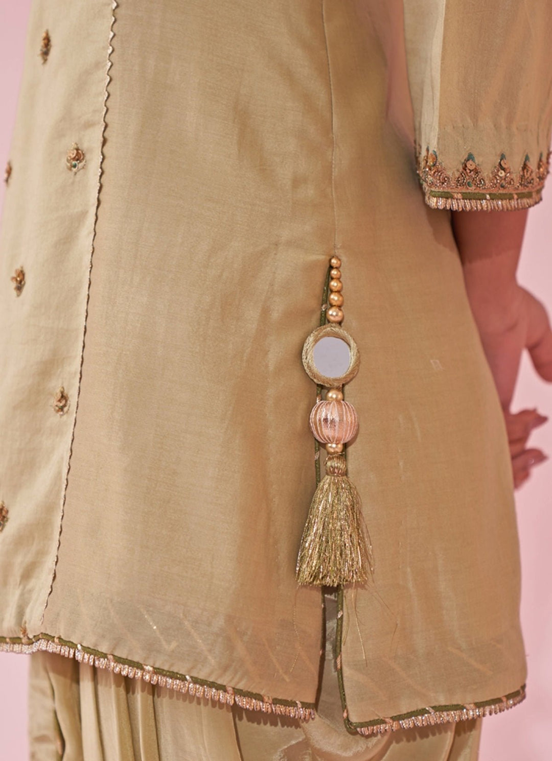 Muted Green Embroidered Chanderi Kurta Tulip Pants Set Studio Bagechaa - Fabilicious Fashion