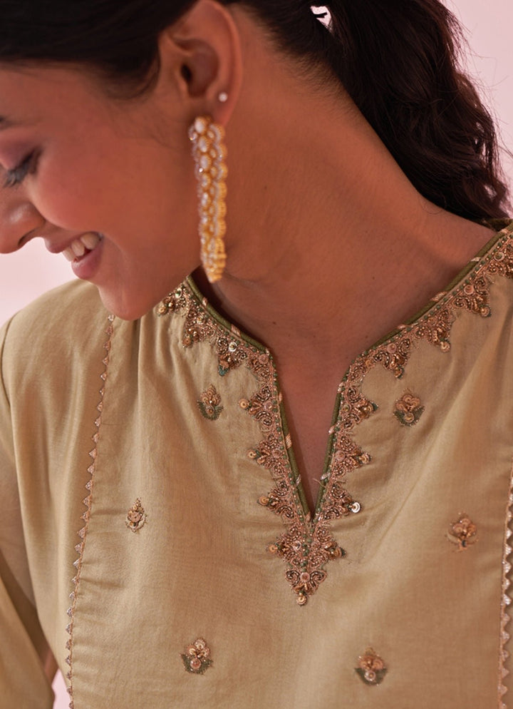 Muted Green Embroidered Chanderi Kurta Tulip Pants Set Studio Bagechaa - Fabilicious Fashion