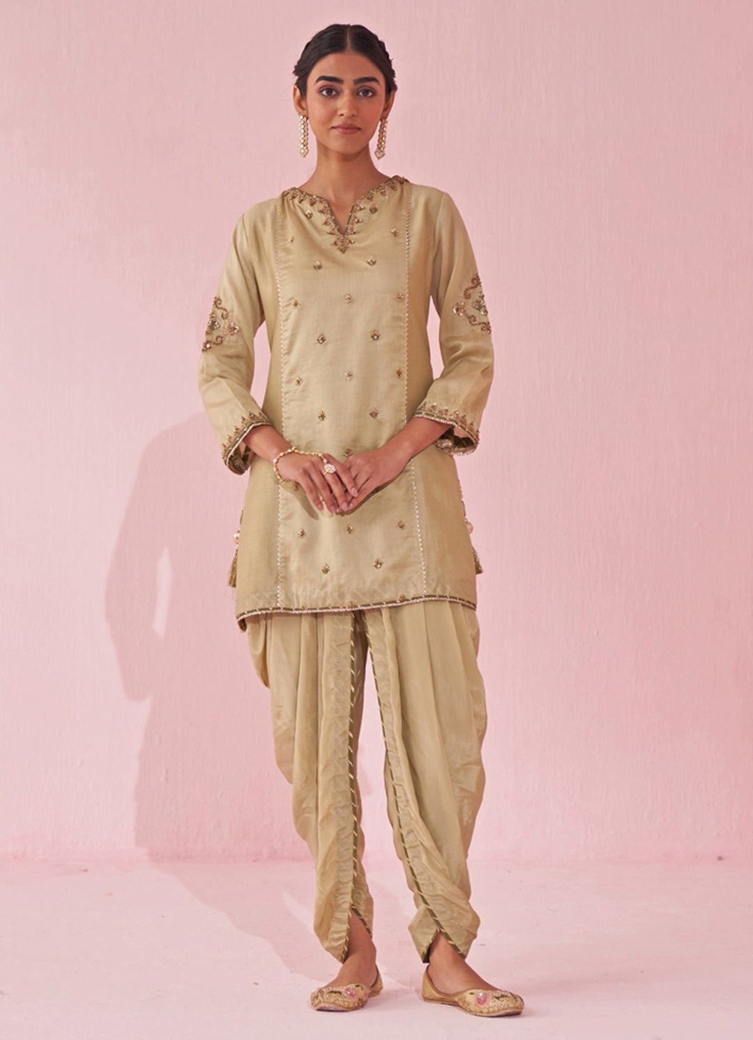 Muted Green Embroidered Chanderi Kurta Tulip Pants Set Studio Bagechaa - Fabilicious Fashion