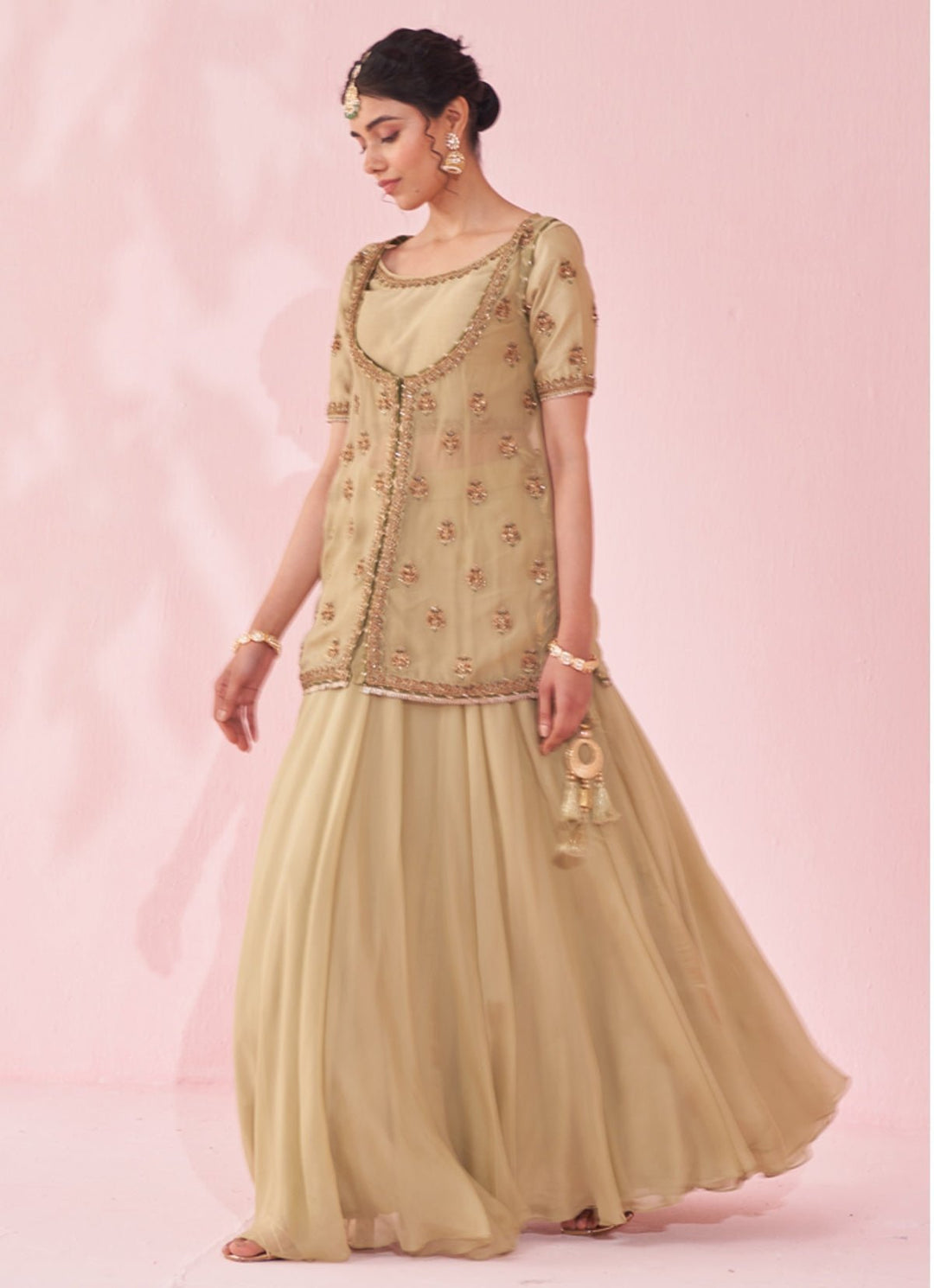 Muted Green Embroidered Jacket Lehenga Set Studio Bagechaa - Fabilicious Fashion