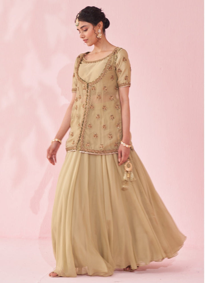 Muted Green Embroidered Jacket Lehenga Set Studio Bagechaa - Fabilicious Fashion