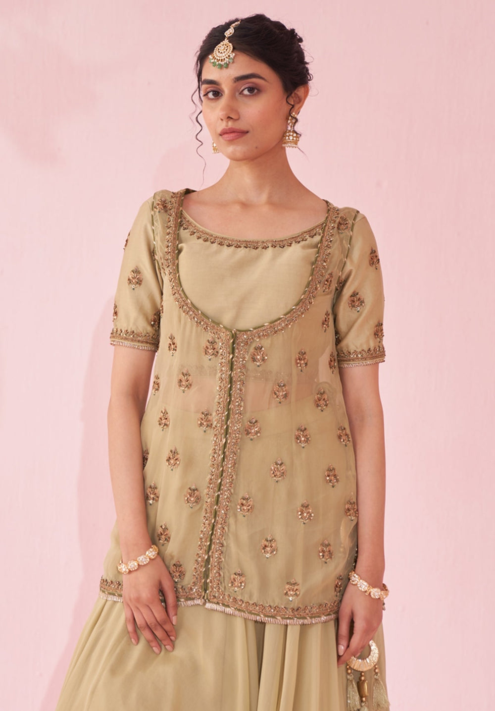 Muted Green Embroidered Jacket Lehenga Set Studio Bagechaa - Fabilicious Fashion