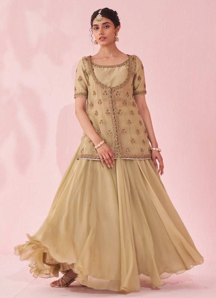 Muted Green Embroidered Jacket Lehenga Set Studio Bagechaa - Fabilicious Fashion