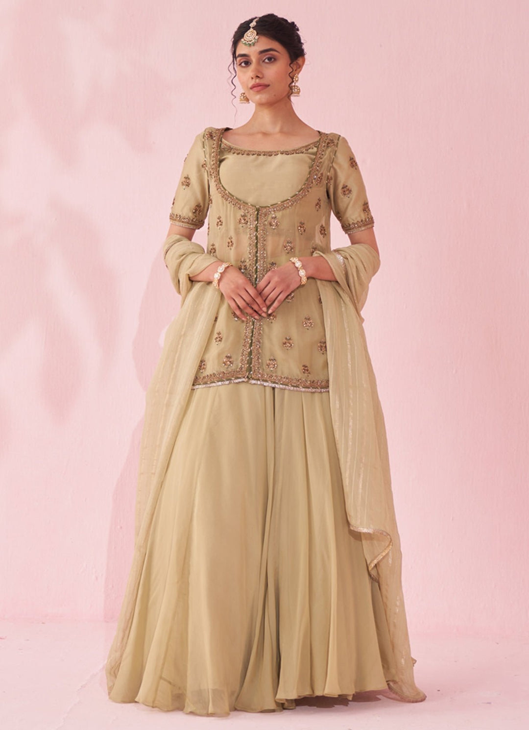Muted Green Embroidered Jacket Lehenga Set Studio Bagechaa - Fabilicious Fashion