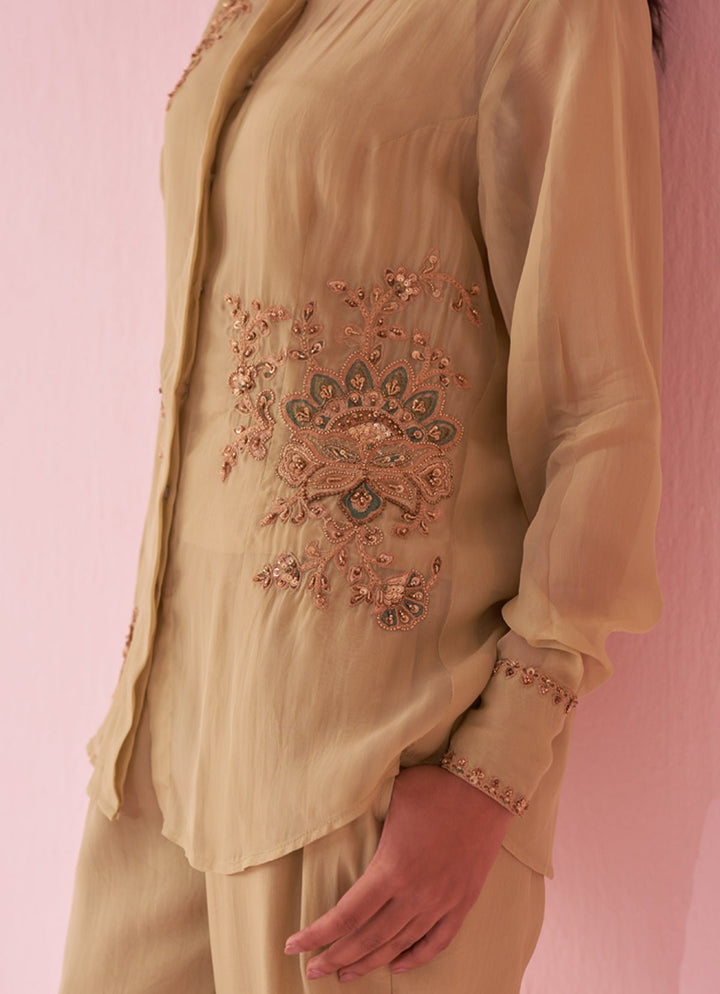 Muted Green Embroidered Organza Shirt Pants Set Studio Bagechaa - Fabilicious Fashion