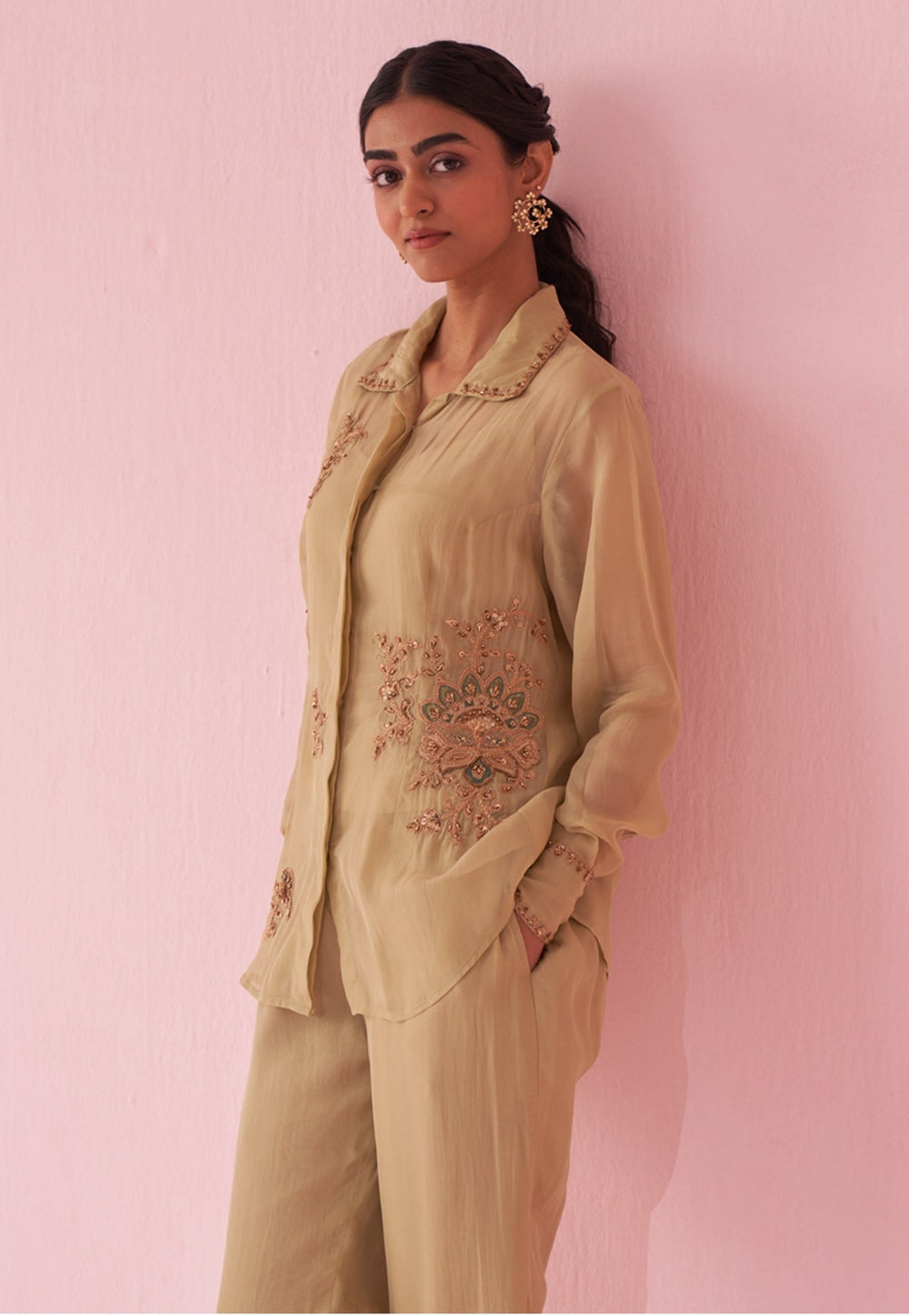 Muted Green Embroidered Organza Shirt Pants Set Studio Bagechaa - Fabilicious Fashion