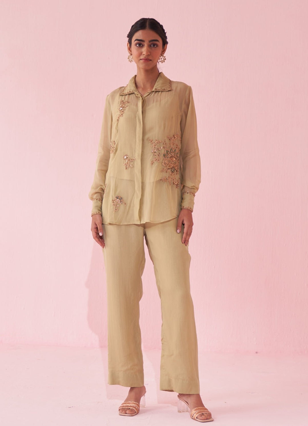 Muted Green Embroidered Organza Shirt Pants Set Studio Bagechaa - Fabilicious Fashion