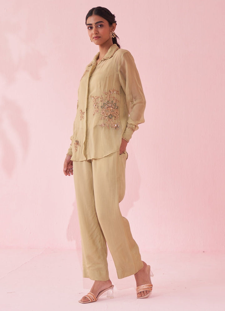 Muted Green Embroidered Organza Shirt Pants Set Studio Bagechaa - Fabilicious Fashion
