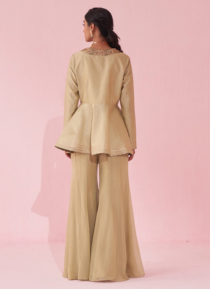 Muted Green Embroidered Peplum Kurta With Sharara Set Studio Bagechaa - Fabilicious Fashion