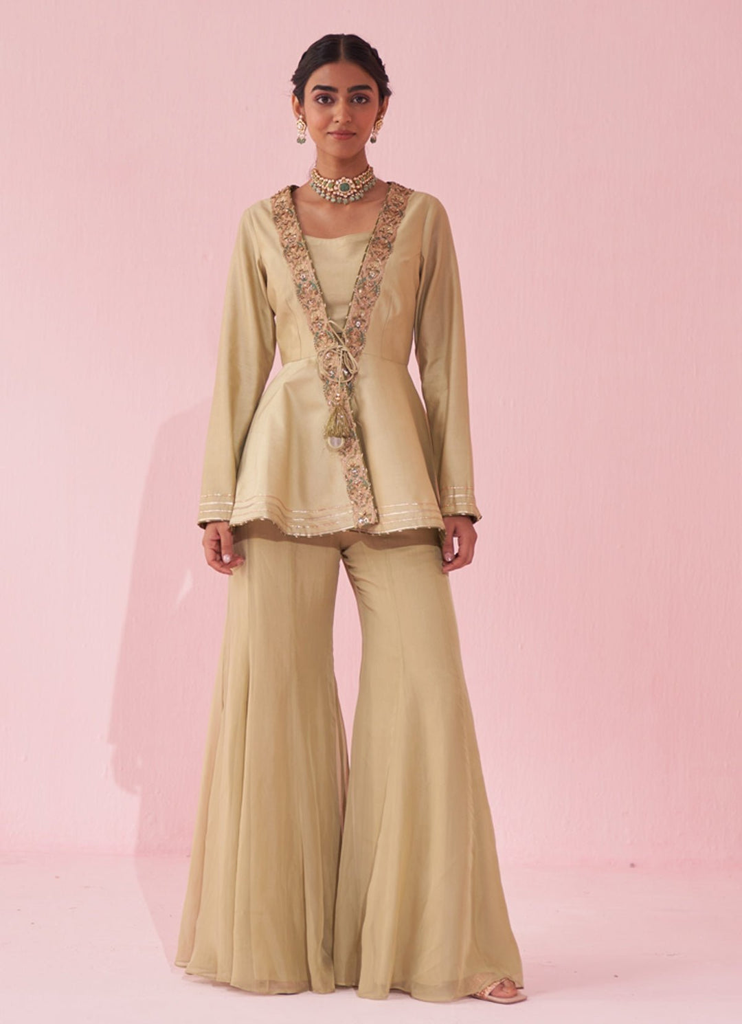 Muted Green Embroidered Peplum Kurta With Sharara Set Studio Bagechaa - Fabilicious Fashion
