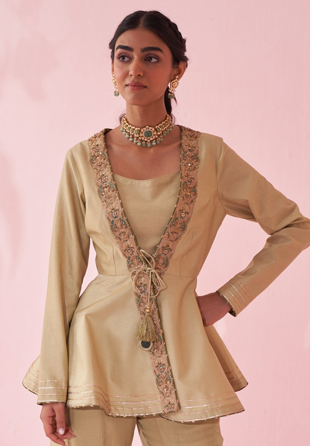 Muted Green Embroidered Peplum Kurta With Sharara Set Studio Bagechaa - Fabilicious Fashion