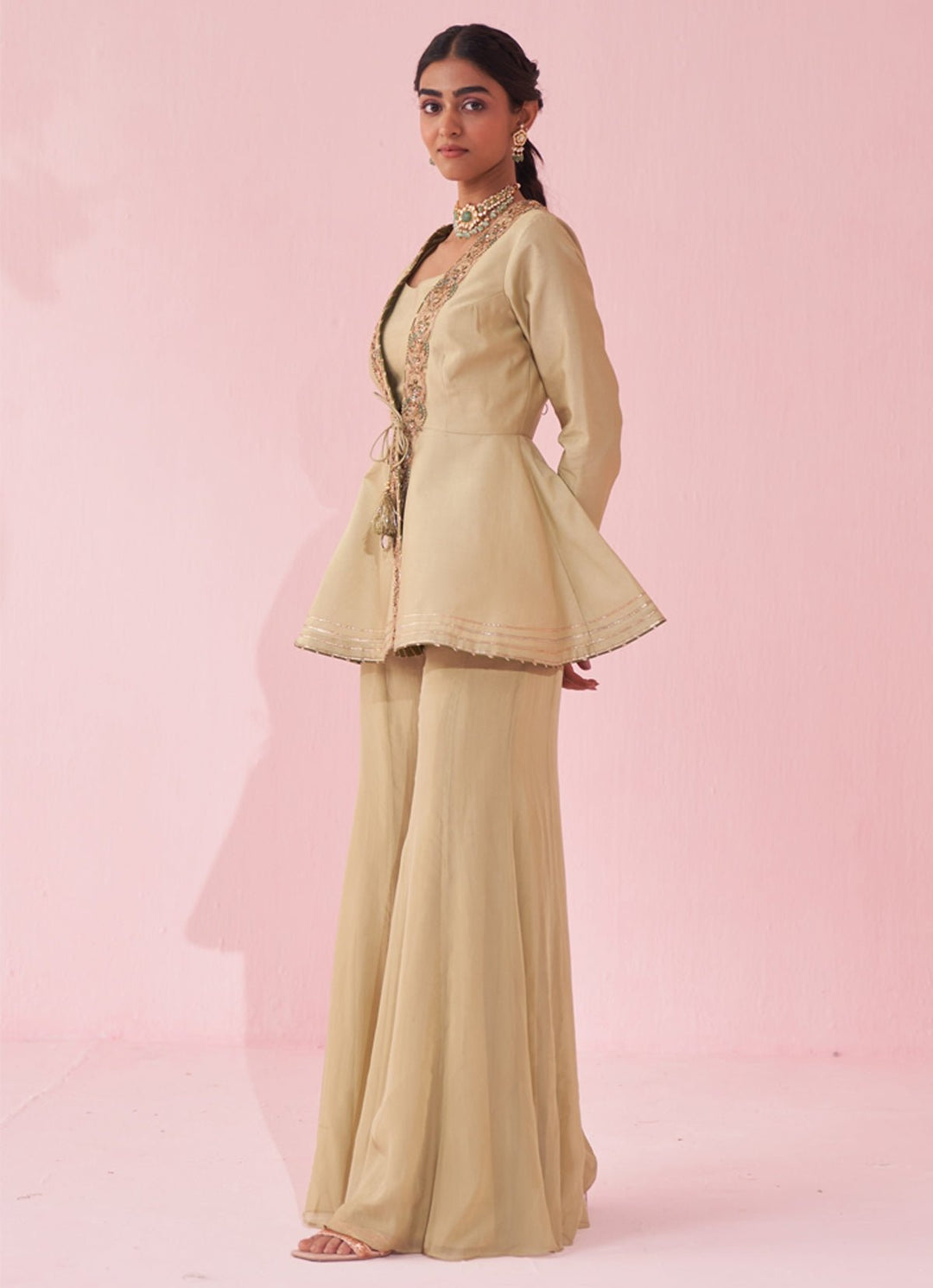 Muted Green Embroidered Peplum Kurta With Sharara Set Studio Bagechaa - Fabilicious Fashion