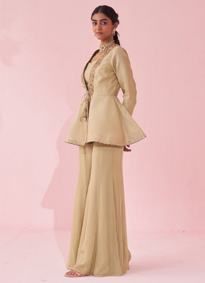 Muted Green Embroidered Peplum Kurta With Sharara Set Studio Bagechaa - Fabilicious Fashion
