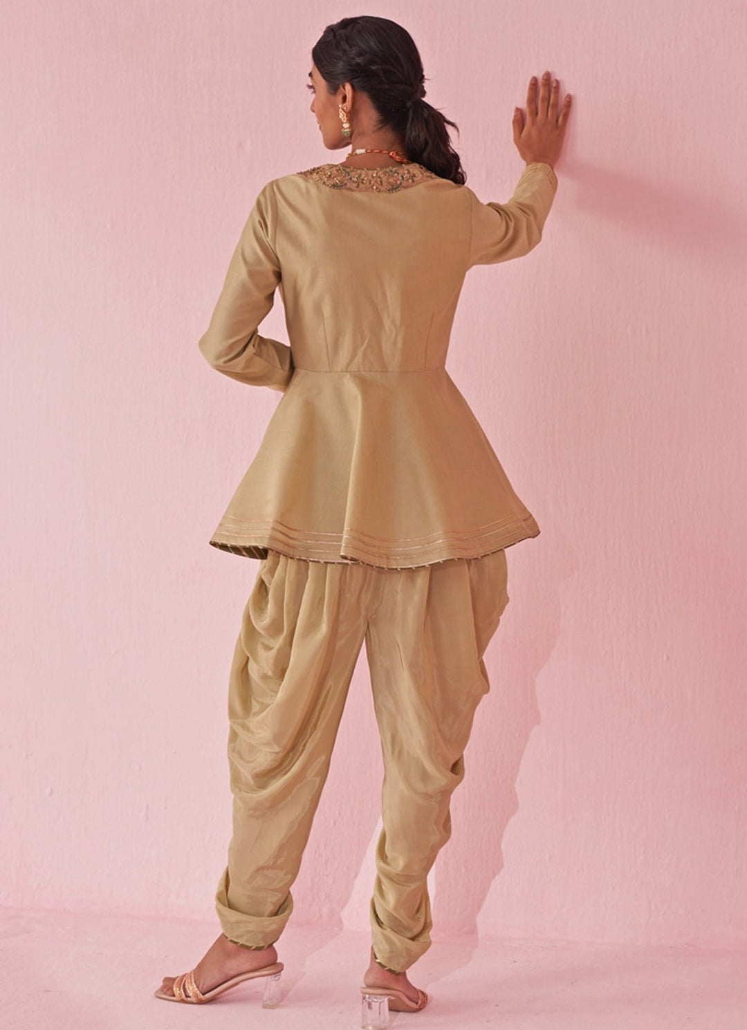 Muted Green Embroidered Peplum Kurta With Tulip Pants Set Studio Bagechaa - Fabilicious Fashion