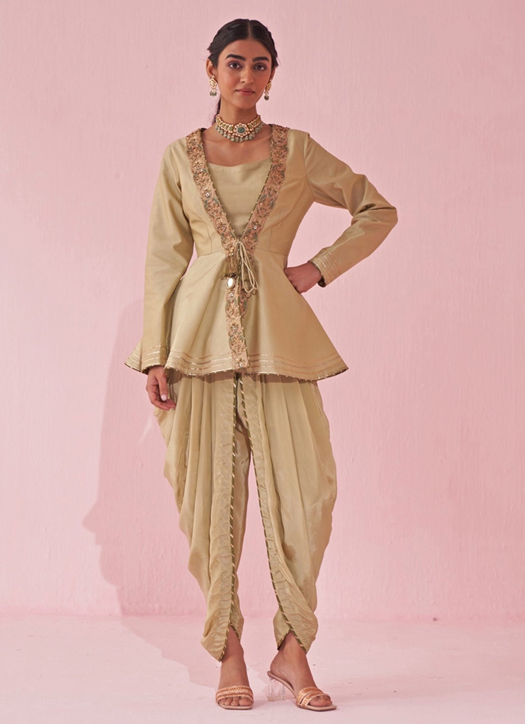 Muted Green Embroidered Peplum Kurta With Tulip Pants Set Studio Bagechaa - Fabilicious Fashion