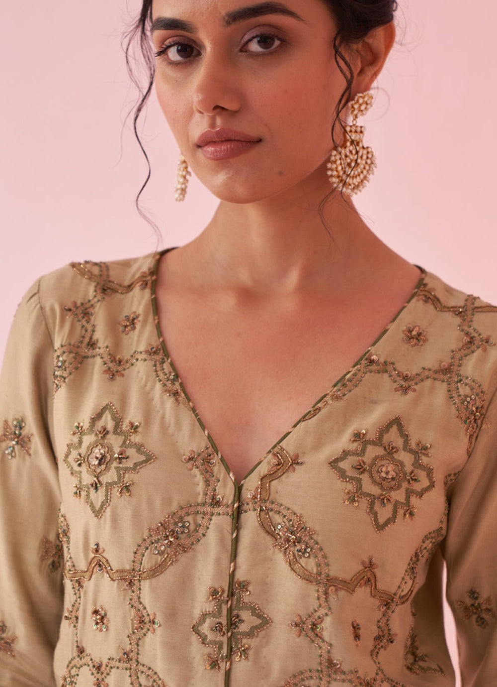Muted Green Embroidered Silk Kurta Sharara Set Studio Bagechaa - Fabilicious Fashion