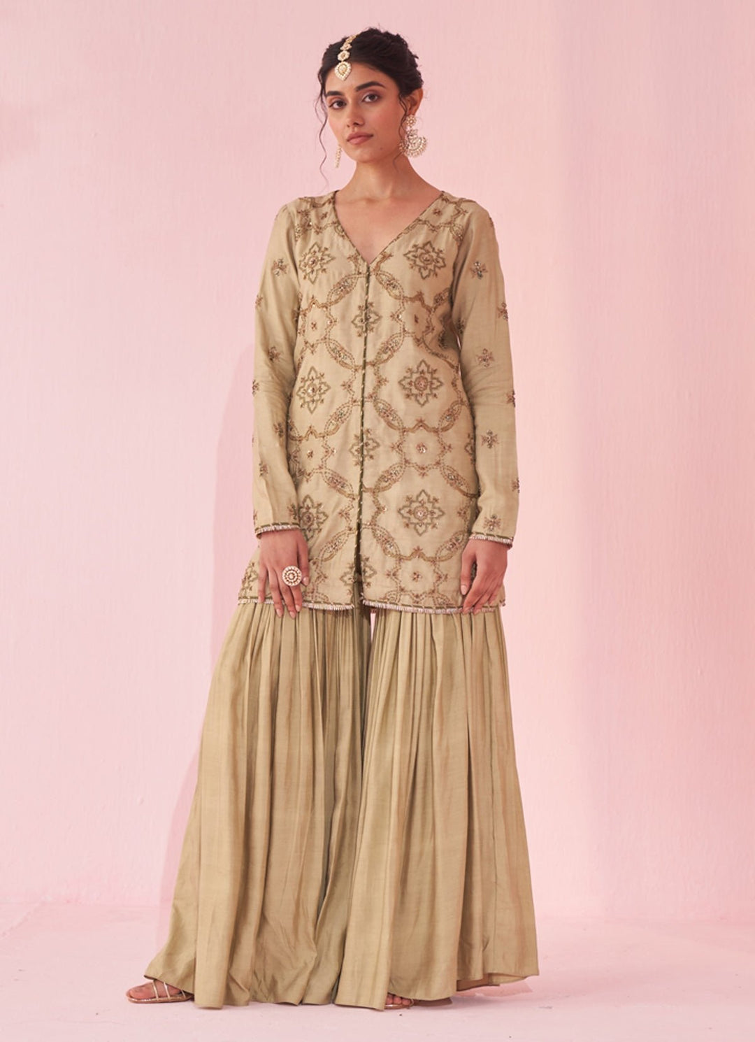 Muted Green Embroidered Silk Kurta Sharara Set Studio Bagechaa - Fabilicious Fashion