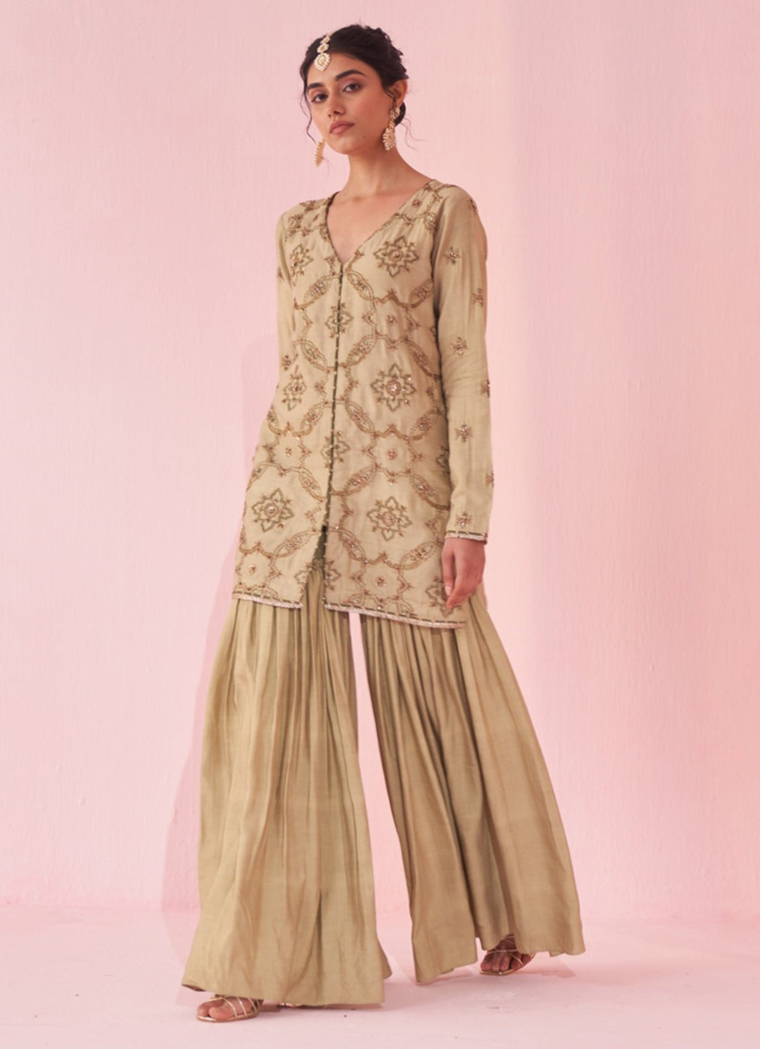 Muted Green Embroidered Silk Kurta Sharara Set Studio Bagechaa - Fabilicious Fashion