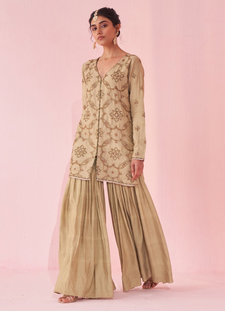 Muted Green Embroidered Silk Kurta Sharara Set Studio Bagechaa - Fabilicious Fashion