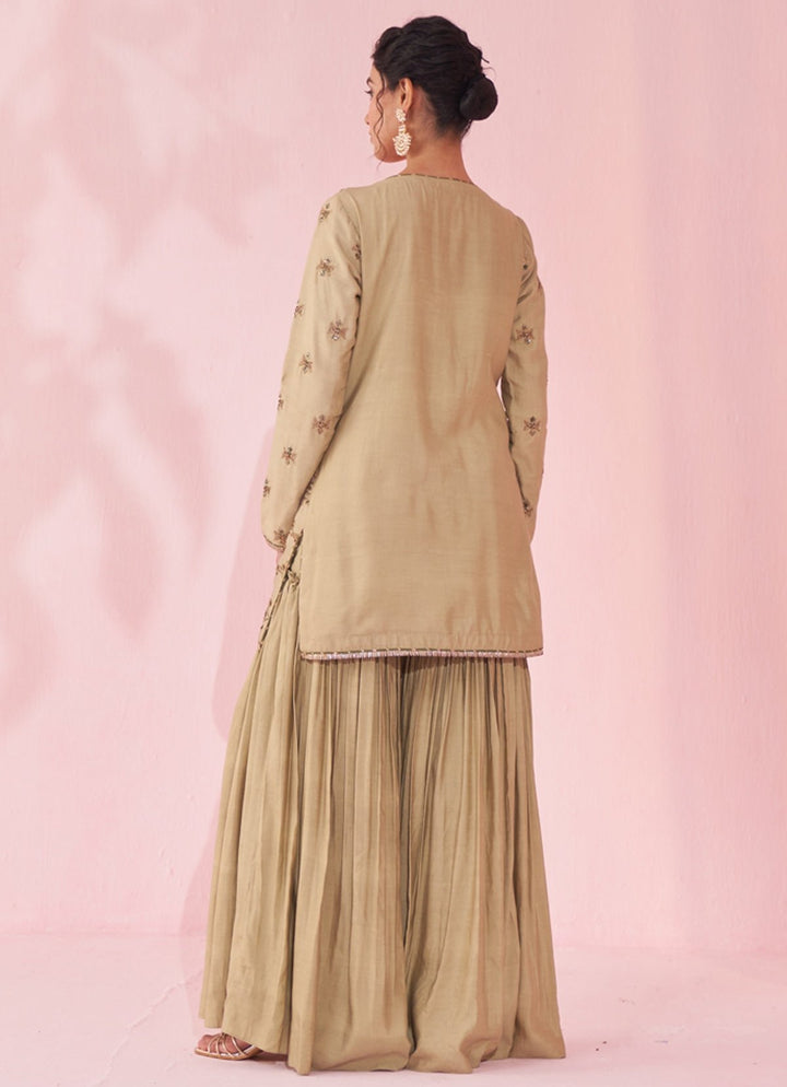 Muted Green Embroidered Silk Kurta Sharara Set Studio Bagechaa - Fabilicious Fashion