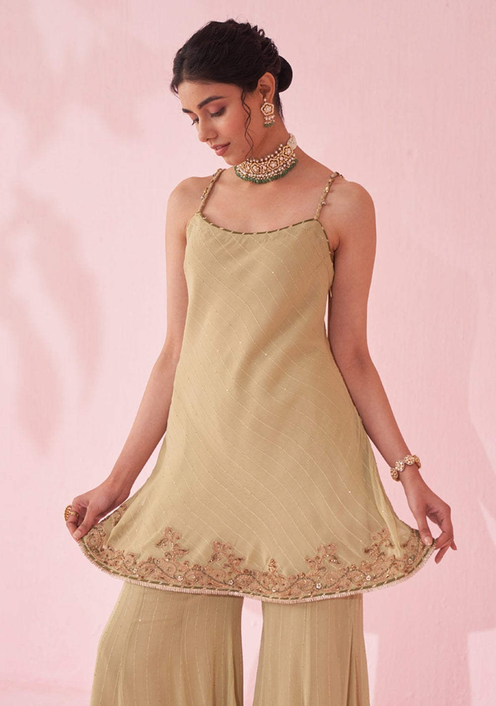 Muted Green Georgette Kurta Sharara Set Studio Bagechaa - Fabilicious Fashion