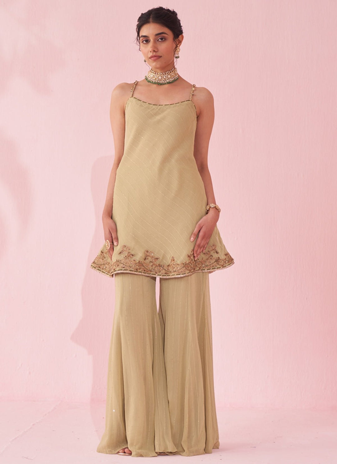 Muted Green Georgette Kurta Sharara Set Studio Bagechaa - Fabilicious Fashion