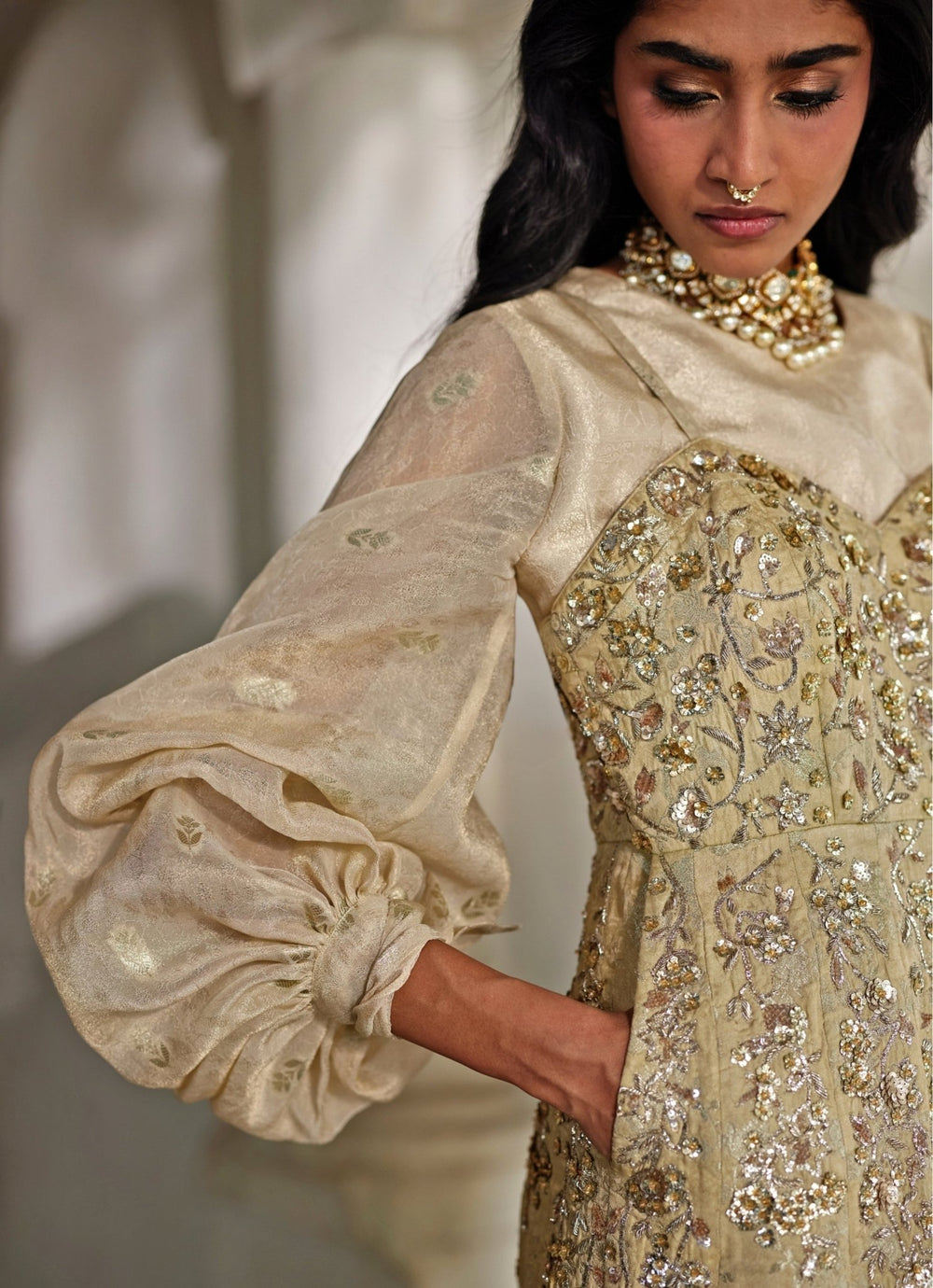 Muted Green Jacquard Jumpsuit Paulmi and Harsh - Fabilicious Fashion