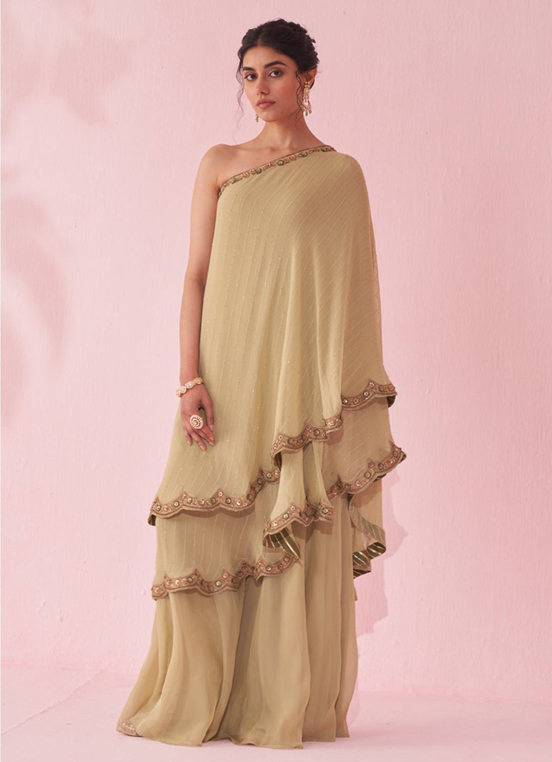 Muted Green One Shoulder Kurta Sharara Set Studio Bagechaa - Fabilicious Fashion