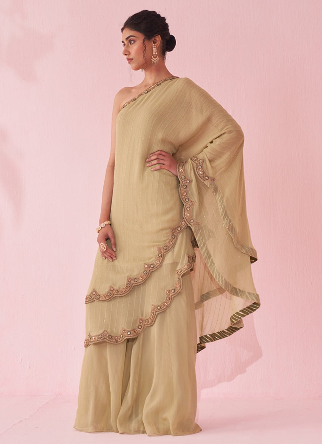 Muted Green One Shoulder Kurta Sharara Set Studio Bagechaa - Fabilicious Fashion