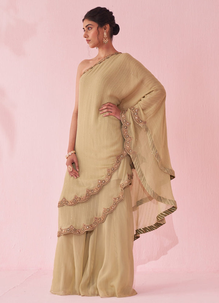 Muted Green One Shoulder Kurta Sharara Set Studio Bagechaa - Fabilicious Fashion