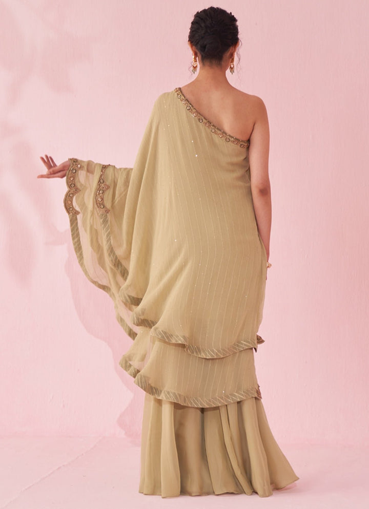 Muted Green One Shoulder Kurta Sharara Set Studio Bagechaa - Fabilicious Fashion