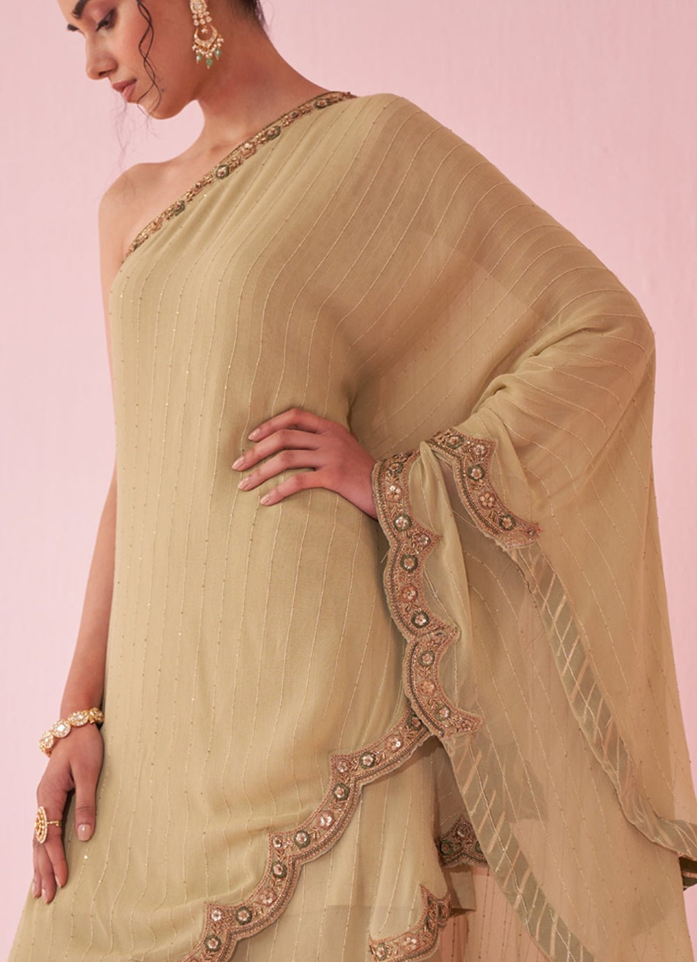 Muted Green One Shoulder Kurta Sharara Set Studio Bagechaa - Fabilicious Fashion