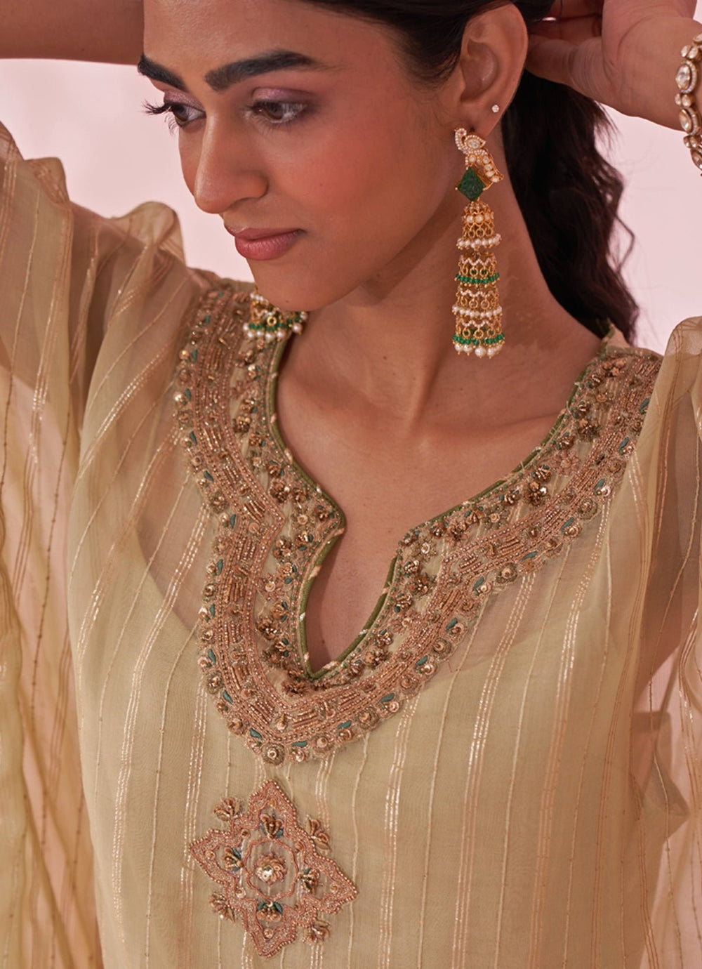 Muted Green Organza Kaftan Pants Set Studio Bagechaa - Fabilicious Fashion