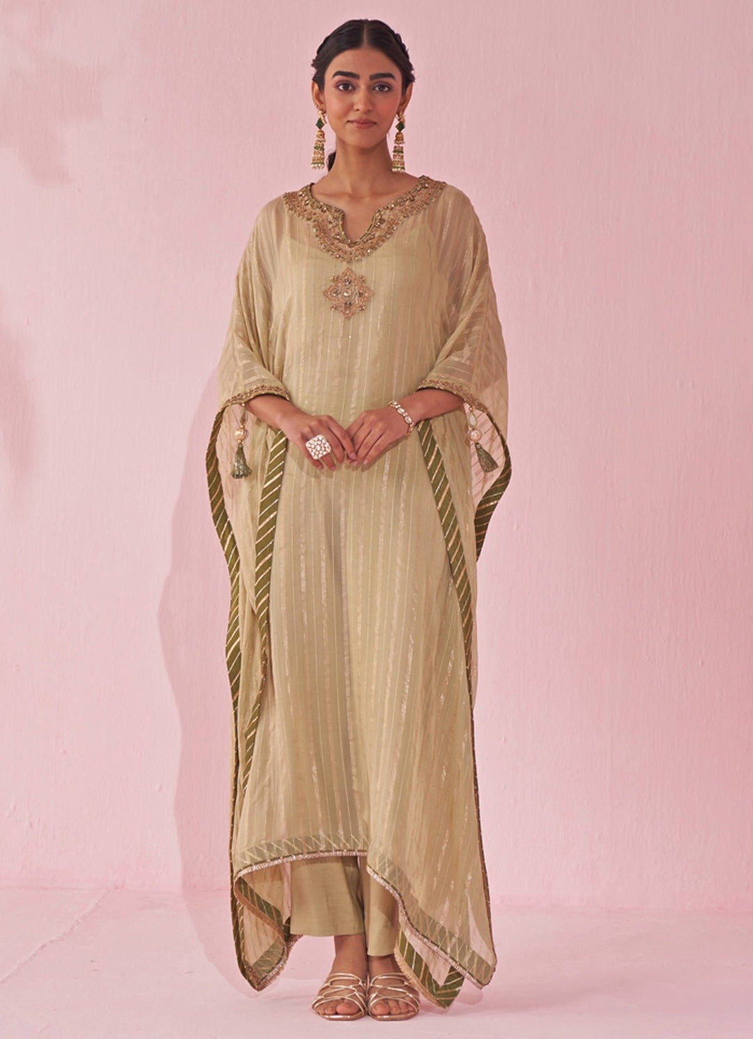 Muted Green Organza Kaftan Pants Set Studio Bagechaa - Fabilicious Fashion