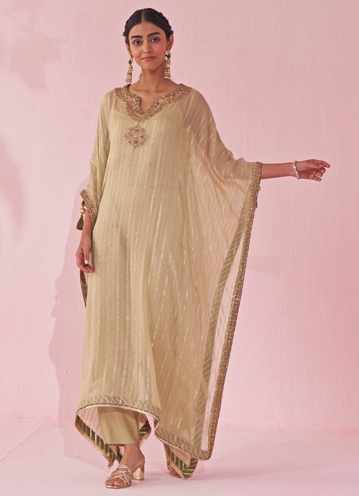 Muted Green Organza Kaftan Pants Set Studio Bagechaa - Fabilicious Fashion