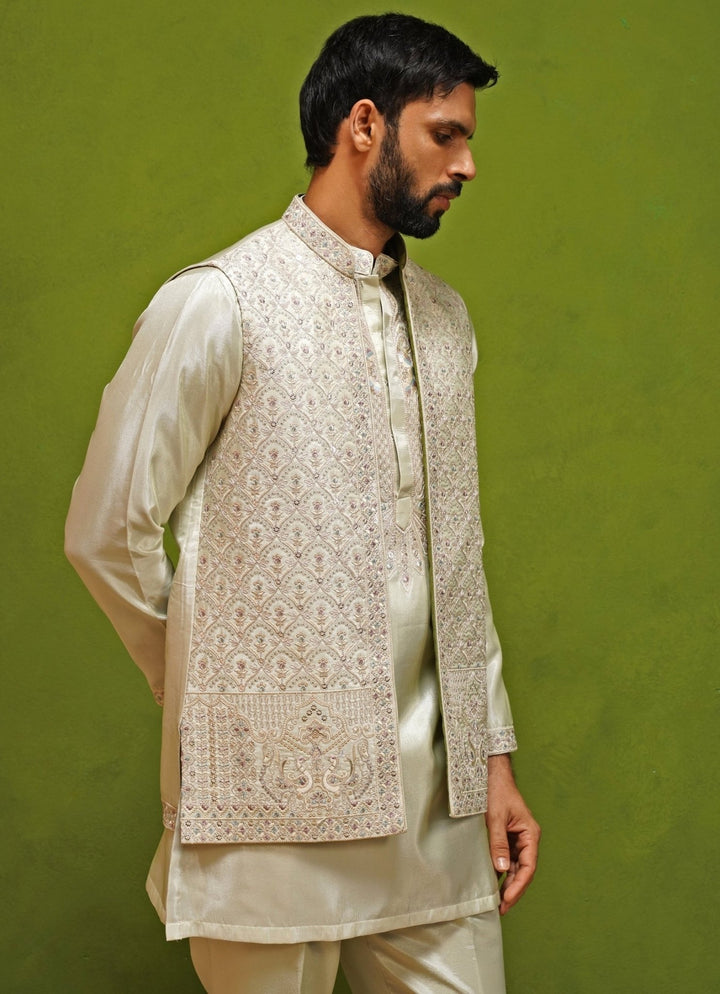 Kalpraag Muted Green Satin Silk Kurta Jacket SetFabilicious Fashion