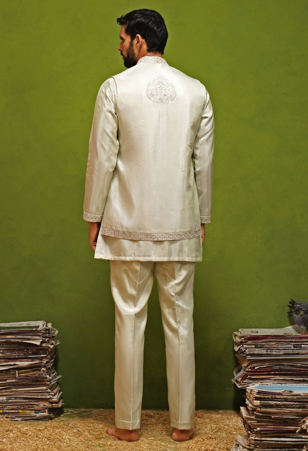 Kalpraag Muted Green Satin Silk Kurta Jacket SetFabilicious Fashion