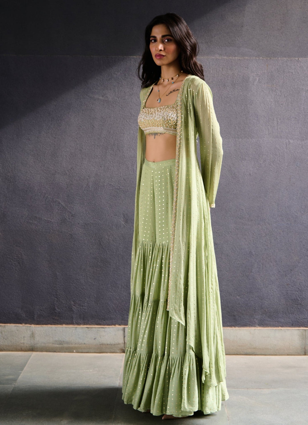 Muted Green Tiered Sharara set Chamee and Palak - Fabilicious Fashion