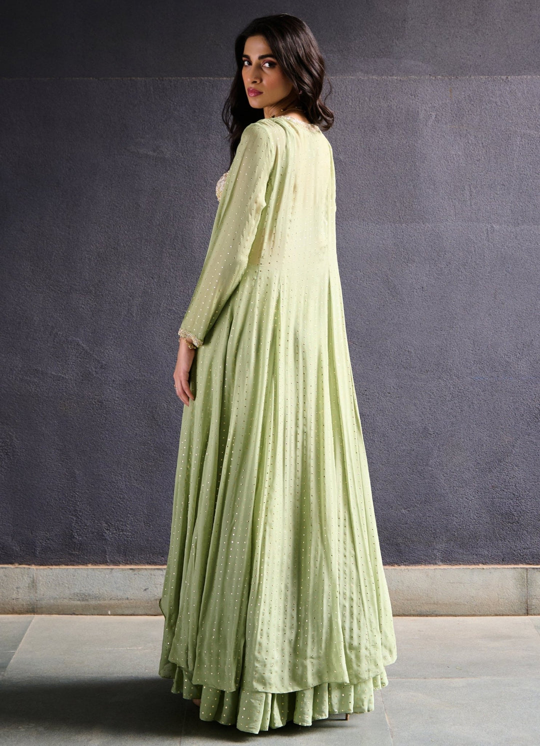 Muted Green Tiered Sharara set Chamee and Palak - Fabilicious Fashion